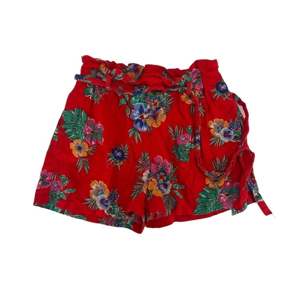 mi ami Red Floral Cinched Waist Paper Bag Pleated Shorts Size Small Women’s